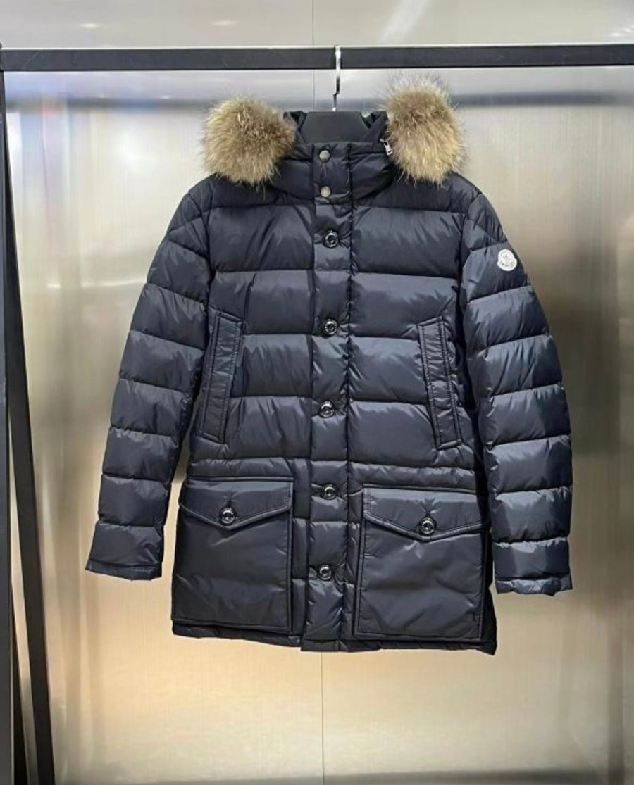 Men’s Bubble Designer Inspired Coat With Faux Fur Hood Trimming