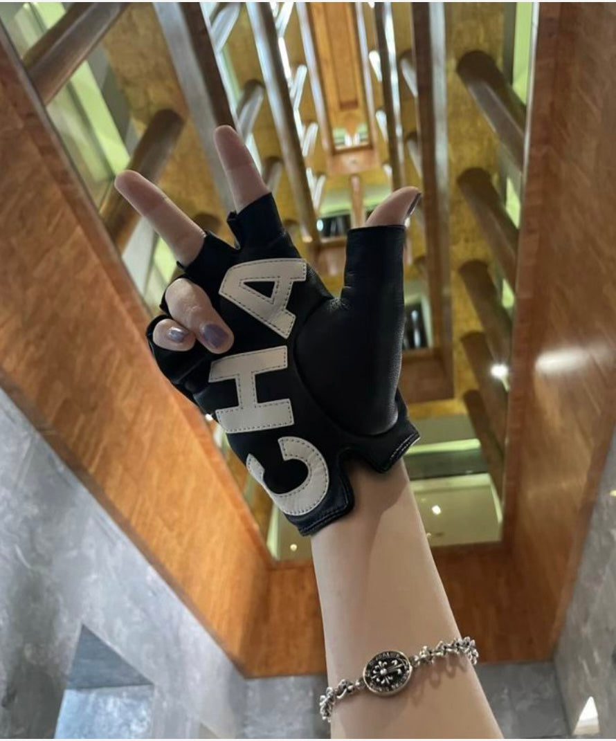 Chanel inspired Logo Fingerless Leather Gloves