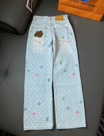 Women’s Designer Inspired Denim Pants With Logo All over Print in Numerous Colors