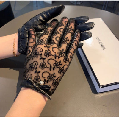 Chanel inspired Lace and Leather Bow-Tie Gloves