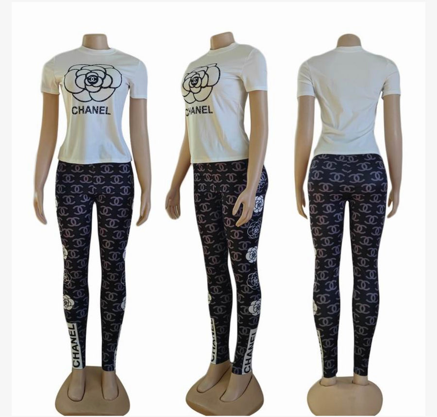 Effortlessly Chic: Chanel inspired Logo Tee and Leggings Set