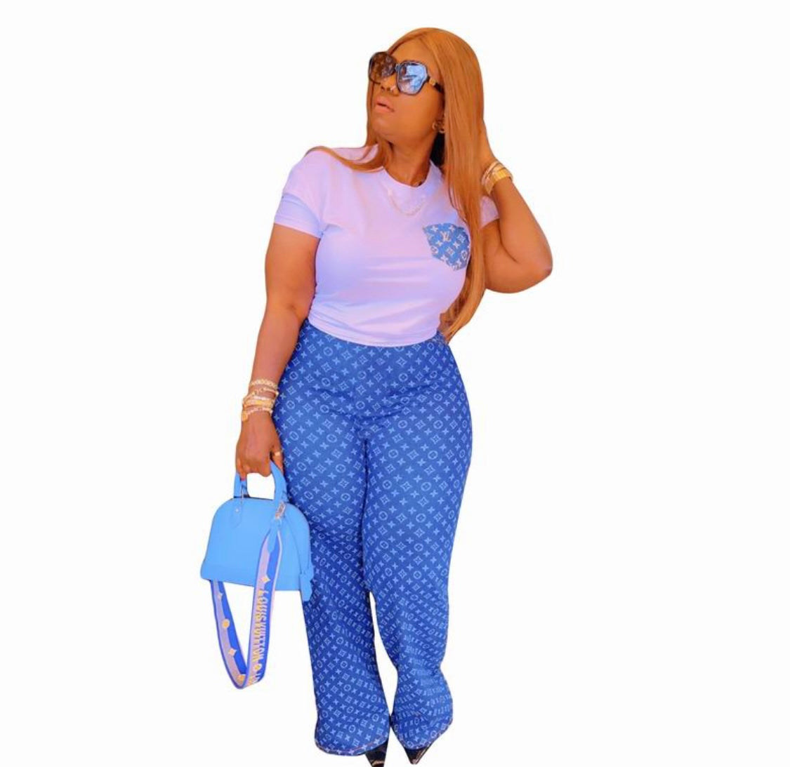 Casual Elegance: Louis Vuitton inspired Monogram Two-Piece Set in Blue