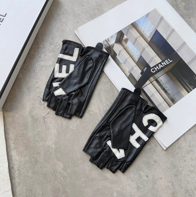 Chanel inspired Logo Fingerless Leather Gloves