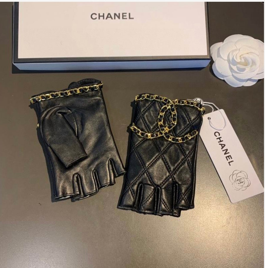 Chanel inspired Quilted Leather Chain Embellished Fingerless Gloves