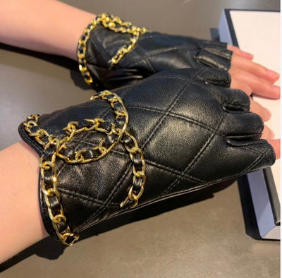 Chanel inspired Quilted Leather Chain Embellished Fingerless Gloves