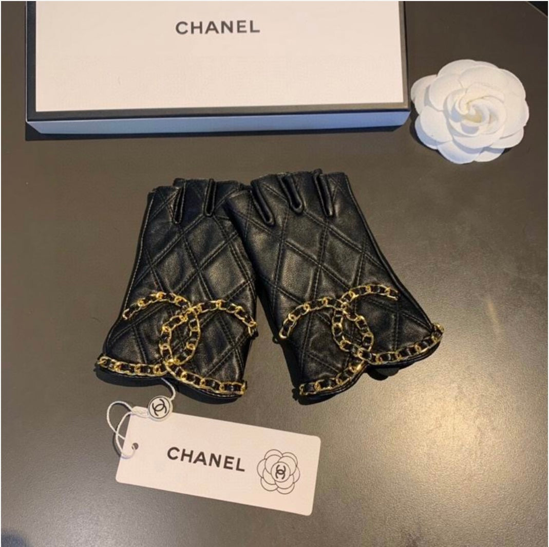 Chanel inspired Quilted Leather Chain Embellished Fingerless Gloves