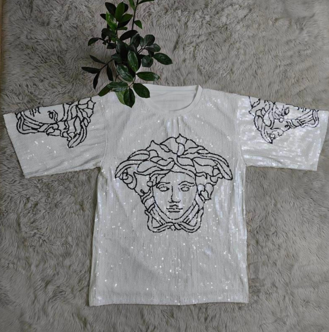 Versace Medusa inspired Sequin T-Shirts - Statement Pieces for Bold Fashionistas