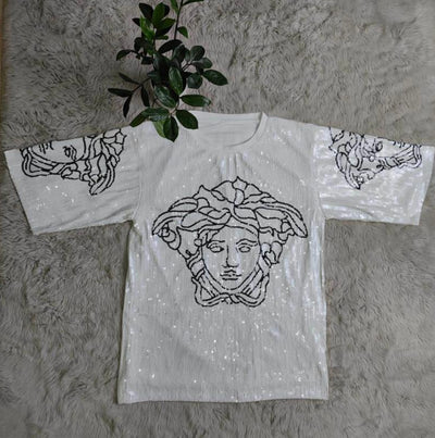 Versace Medusa inspired Sequin T-Shirts - Statement Pieces for Bold Fashionistas