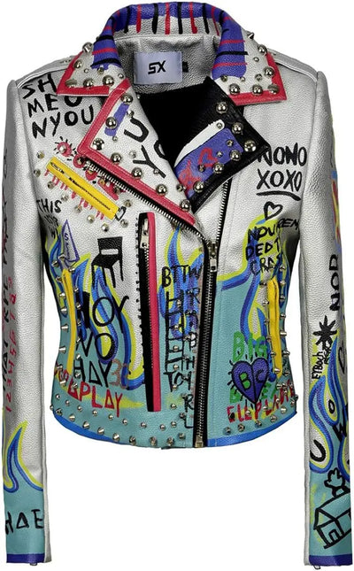 Women's Turn Down Collar Cropped Graffiti Print Studded PU Faux Leather Jacket - Exclusive Drop Heat Heat