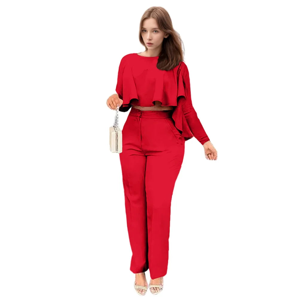 Color Scollop Asymmetrical Straight Pants Two Piece Set - Exclusive Drop Style Code Heat